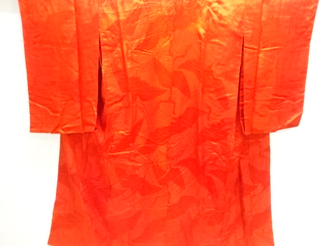 アンティーク　綸子群鶴模様織出し長襦袢（刺繍衿付）